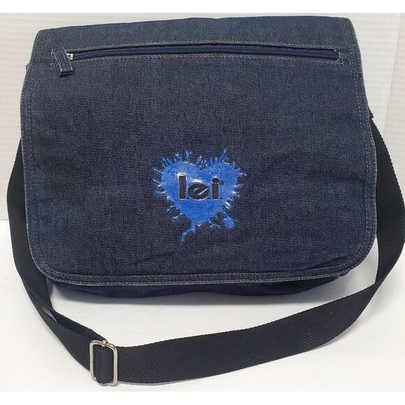 VTG LEI Denim Handbag Y2K Retro Tote Messenger Bag Flap Fold Over w/ ID Card! - Picture 5 of 15